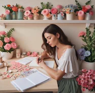 woman sat at desk writing in book near 3d paper flowers