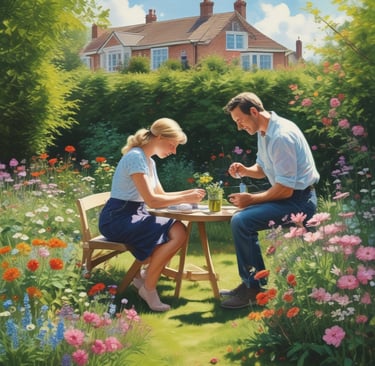 man and woman in summer garden sat at table painting flowers