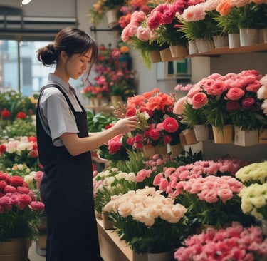 japanese florist working in flower shop with colorful bouquets