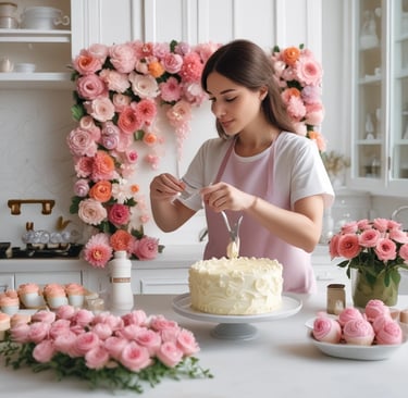 woman piping buttercream flowers