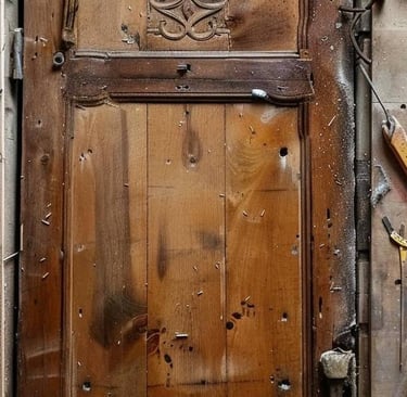 a door with tools and tools on a wooden floor
