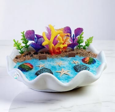 Handcrafted soy wax candle in a white shell with vibrant coral, starfish, and sea spaces decor 