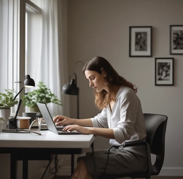 a woman sitting at a desk with a laptop computer