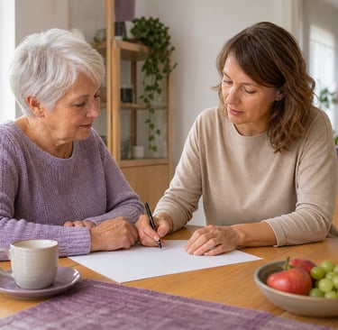 Seniorin plant mit einer Alltagshilfe die Unterstützung zu Hause