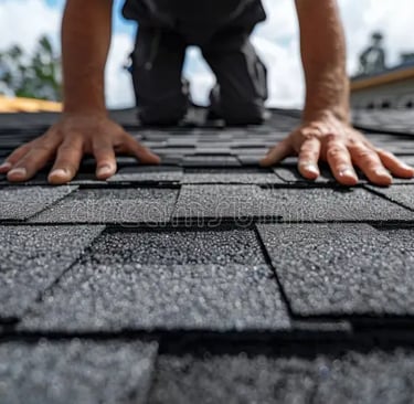 A roofing contractor installing new asphalt shingles on a residential roof.
