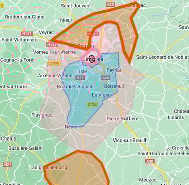 Carte de la région de Limoges indiquant les zones d’intervention de l’entreprise