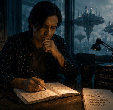A thoughtful man writing in a journal at a desk with a futuristic sci-fi city visible through the window.