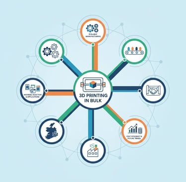 A circular infographic showing 3D printing in bulk with scalable manufacturing and cost efficiency benefits.