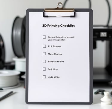 a clipboard with a checklist of 3d printing