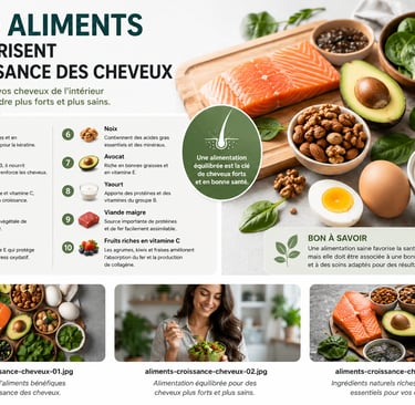 Aliments riches en protéines, vitamines et oméga-3 pour favoriser la croissance des cheveux.