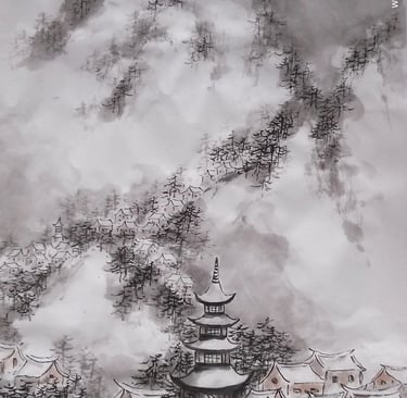 village dans la neige peinture chinoise