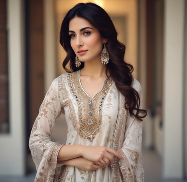 a woman in a white dress and jewelry