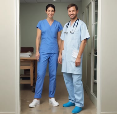 A nurse smiling while wearing stylish scrubs in a hospital setting.