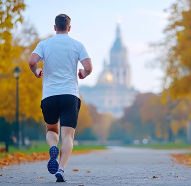 Nell'immagine si vede un uomo che corre lungo un viale alberato