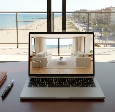ortátil mostrando salón mediterráneo en Valencia con balcón y vista al paseo marítimo y playa amplia