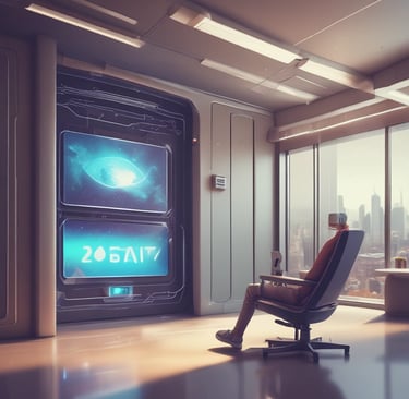 a robot sitting in a chair in a room with a large window