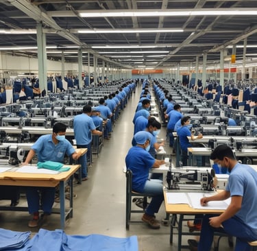 Close-up of a pair of blue denim jeans highlighting the texture and stitching. The focus is on the waistband, button, and a front pocket. The fabric appears sturdy with a slightly faded look.
