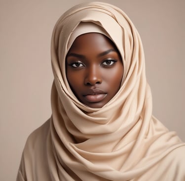A portrait of a person wearing a silk brown hijab with elaborate makeup, including bold eyeliner and red lipstick. A decorative pendant is visible on the hijab.