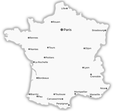 Map of France with major towns and cities labelled