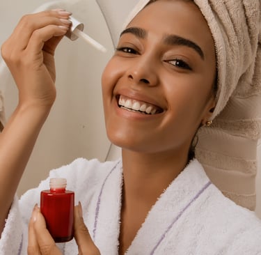 Woman in bathroom appyling azeliac acid serum to her face.
