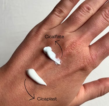Small swatches of La Roche-Posay Cicaplast Balm B5 and Avène Cicalfate+ creams displayed on hand.