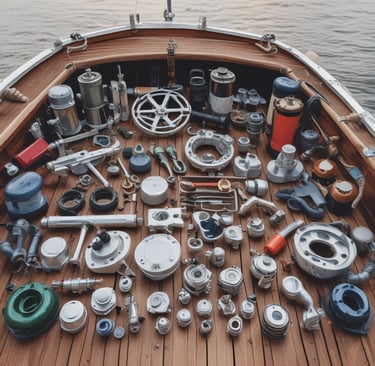 A collection of various marine hardware items displayed on a wooden surface.