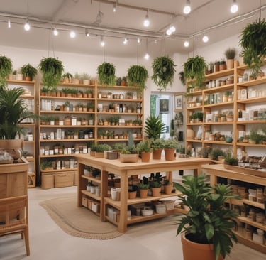 A cozy interior of a plant and pottery shop with wooden tables displaying an array of ceramic pots and lush green plants. The ceiling is adorned with hanging golden decorations, enhancing the warm and stylish decor. Shelves housing additional plants and decorative items line the walls, contributing to the inviting atmosphere.
