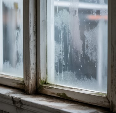 Old residential window with condensation showing signs that window replacement may be needed