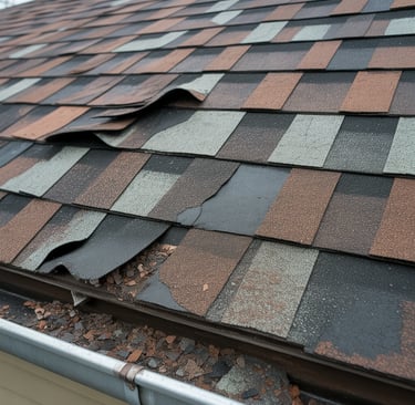 Damaged asphalt roof shingles showing signs of aging and weather exposure.