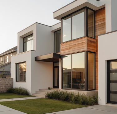 Modern two-story custom home with white stucco, wood siding, and large black-framed windows.