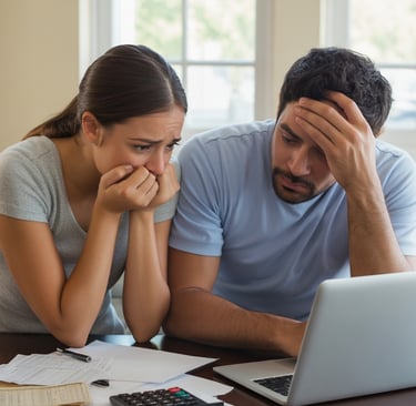 A stressed young couple managing debt and home finances on a laptop with a calculator.