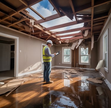 Insurance adjuster inspecting severe roof and water damage inside a flooded home after a storm.