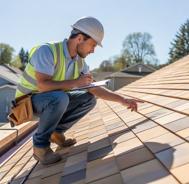 Homeowner and roofing contractor inspecting roof shingles for potential repair issues.