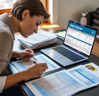 Person reviewing a credit report and financial documents on a laptop while checking credit score