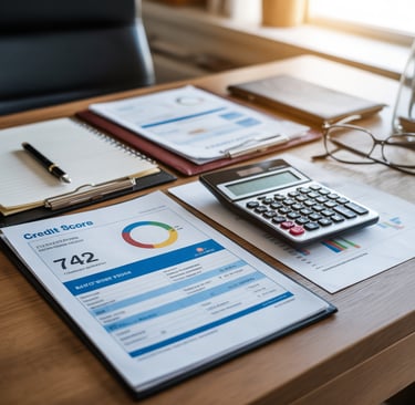 Credit score report on a desk with calculator and documents used for personal credit history