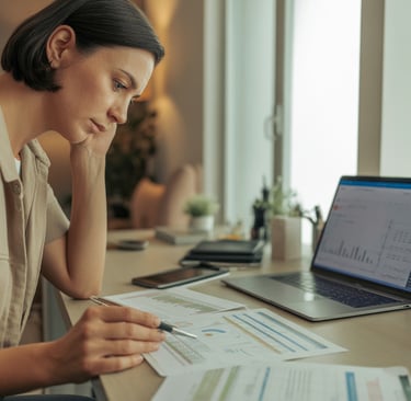 A focused businesswoman analyzing financial charts and data on a laptop and printed documents in a home office.