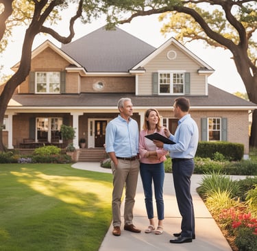 Homeowners discussing home insurance coverage outside their house.