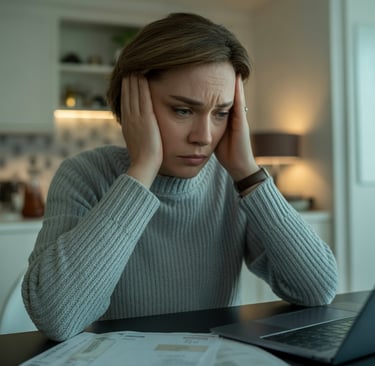 Stressed woman holding her head while reviewing financial bills and laptop at home.