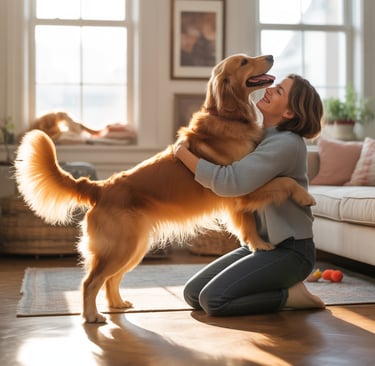 Pet owner holding dog affectionately at home.