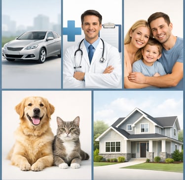 Collage of insurance services including a silver car, doctor, happy family, pet dog and cat, and a modern suburban house.