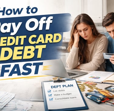 A worried couple creating a debt repayment plan to pay off credit card debt fast using a budget.