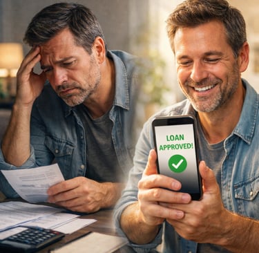 A man feeling stressed about bills vs smiling after receiving a loan approval on his smartphone.