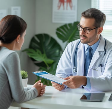 Doctor explaining health insurance options to a patient during a consultation.