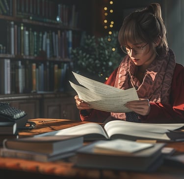 A young woman with glasses reading papers at a desk in a cozy, sunlit home library.