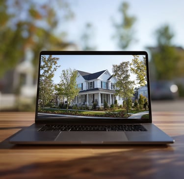 A laptop on a wooden desk displaying a real estate listing of a modern white house with a green lawn.
