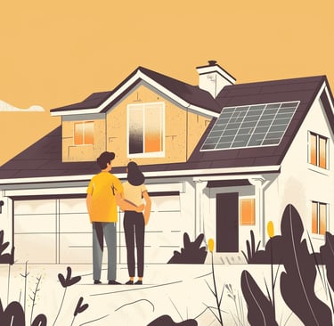 Illustration of homeowners inspecting their house exterior while planning maintenance and repairs