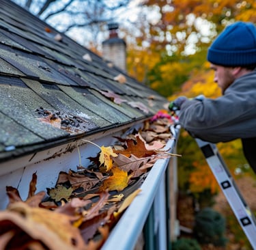 Homeowner cleaning leaves from roof gutters to prevent water damage and drainage problems