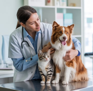 Veterinarian checking the health of a dog and a cat during a routine visit.