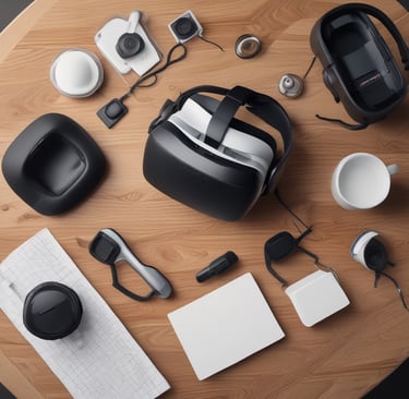 A sleek virtual reality headset resting on a modern desk.