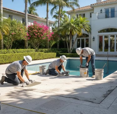 concrete contractors repairing a concrete pool deck in Coral Gables, Fl home
